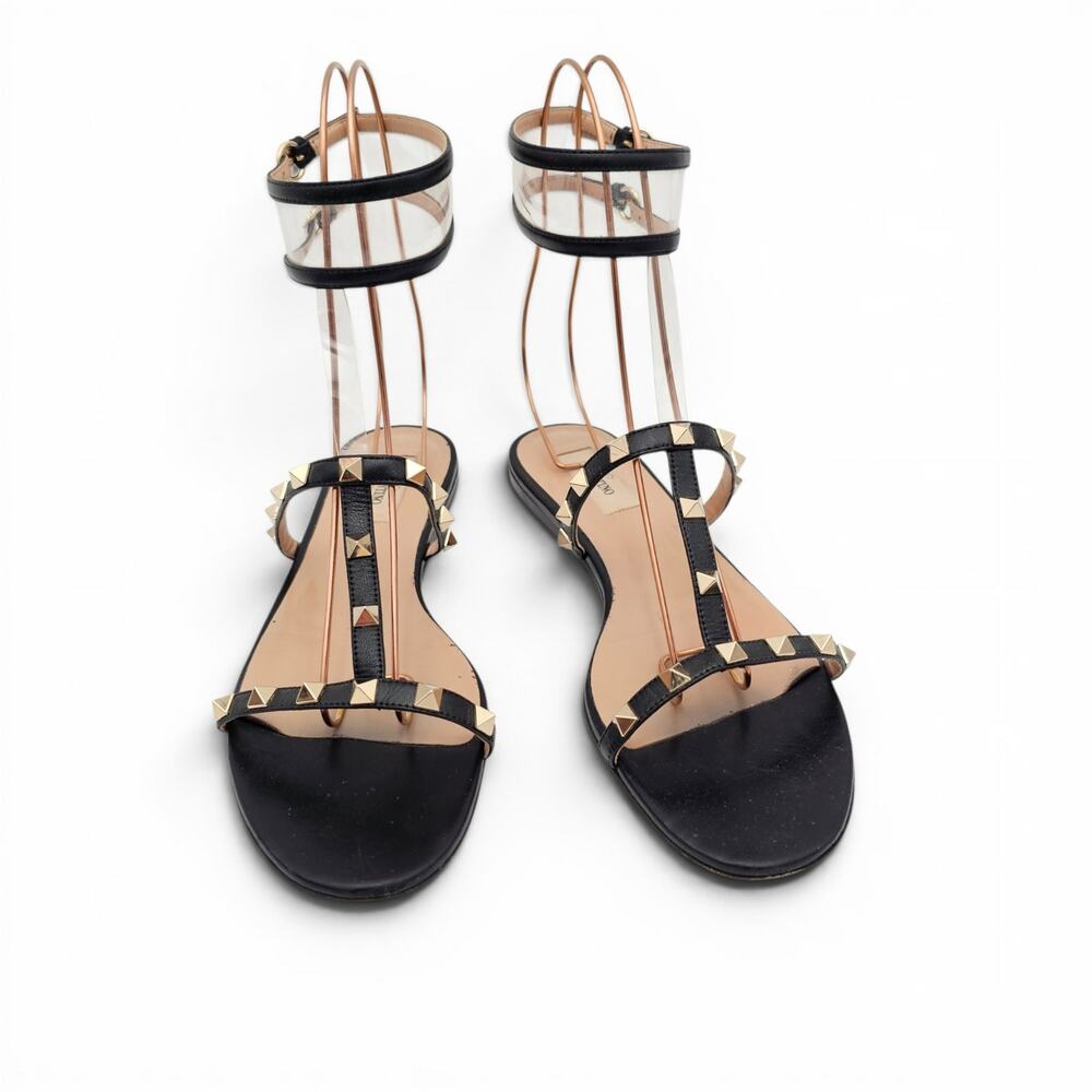 Valentino Garavani Rockstud Cage Flat Sandal Black Leather Gold Size 39.5 9.5